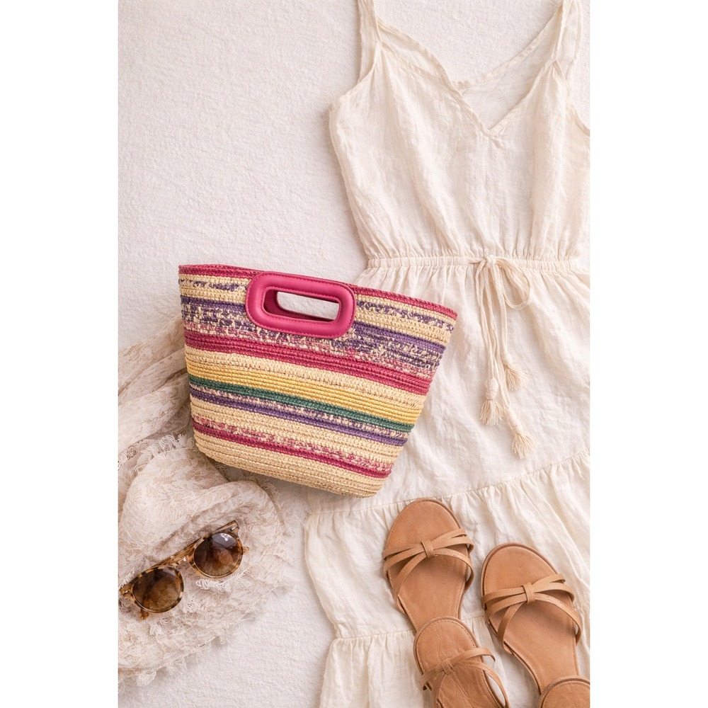 Maje Striped Straw Satchel Multicolor Stripe Pink Raffia Crossbody Euro Summer - Picture 1 of 16